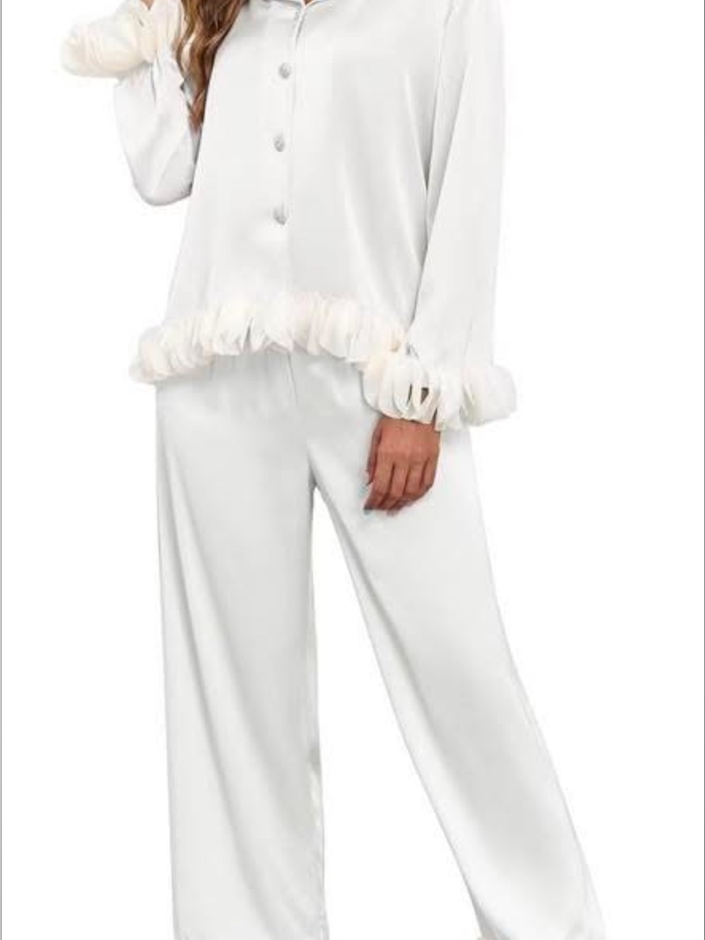 Women's White Satin Pajama Set with Ruffle Trim